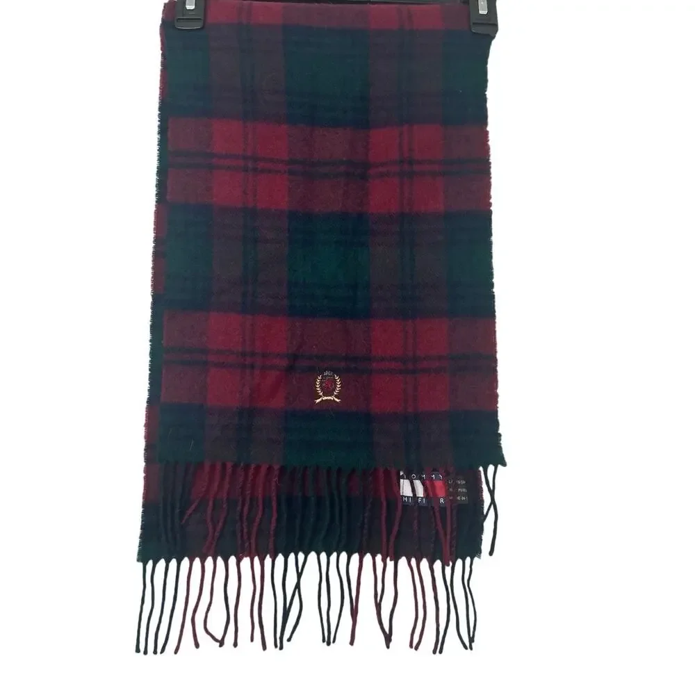 Vtg 90s Tommy Hilfiger Wool Scotland Tartan Plaid Scarf Old Money Preppy Crest